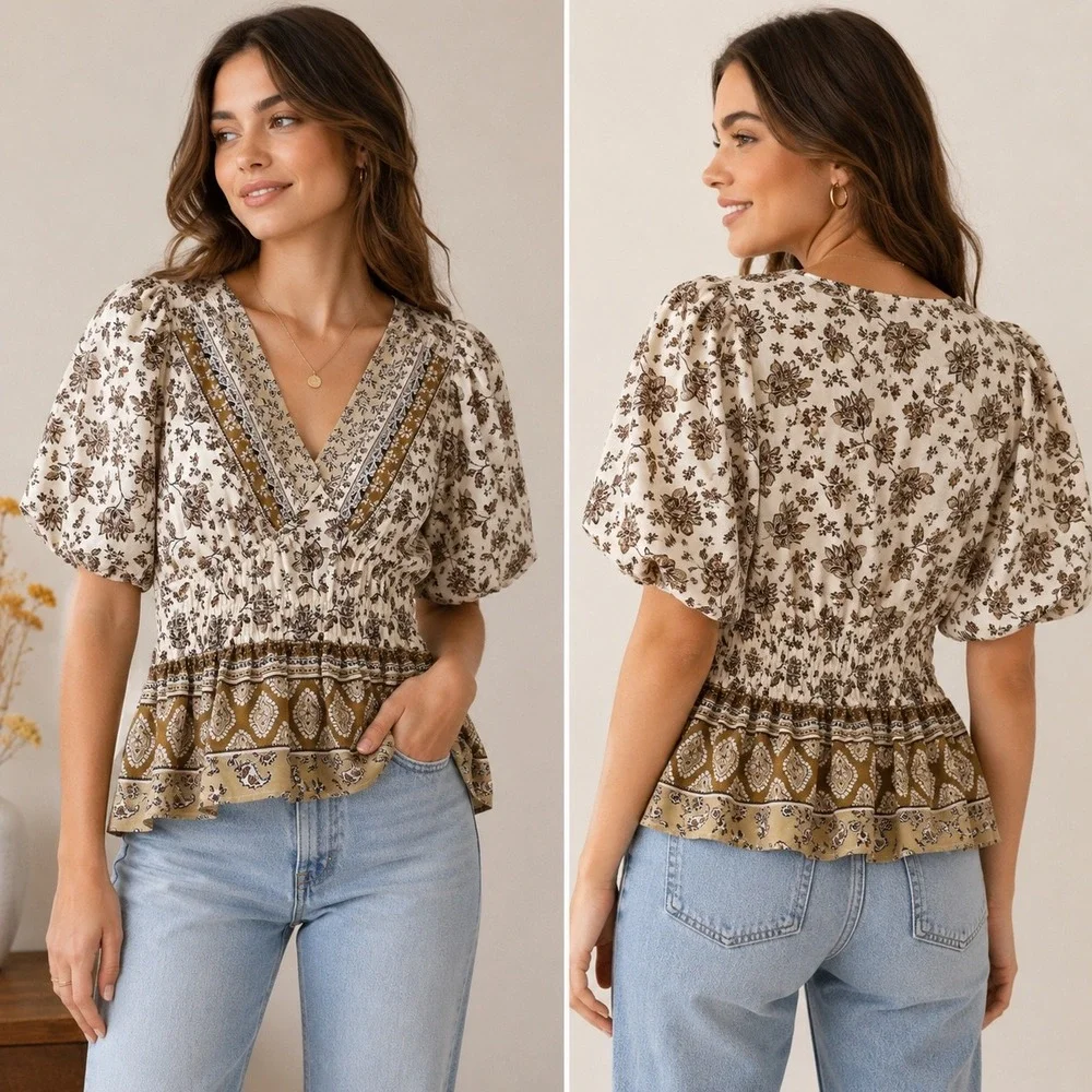 LOFT Floral Boho Peplum Blouse Small Cottagecore Puff Sleeve V Neck Top NWT